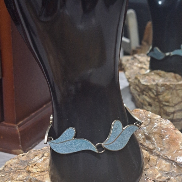 Vintage Taxco ER Sterling Crushed Denim Lapis Panel Link Bracelet 7.75" - Picture 9 of 13